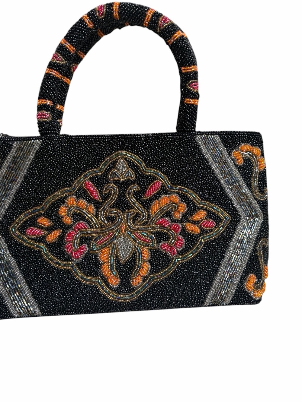 Vintage Black Beaded Tote with Pink and Orange Floral Motif